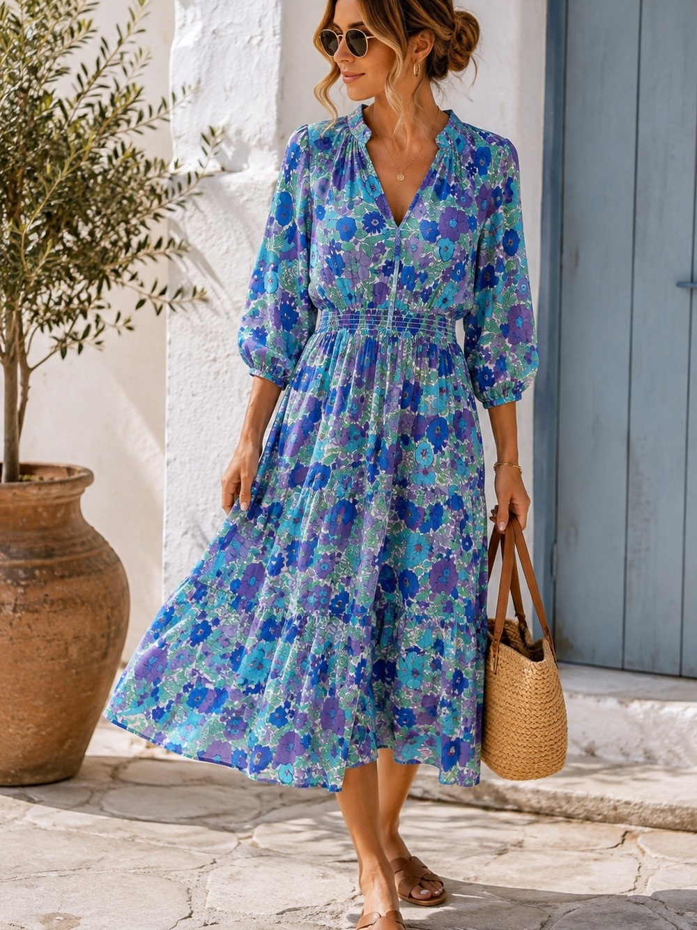 Show Me Your MuMu Blue Bishop Sleeve Sundress